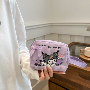 可爱口红小布包迷你卡通刺绣灯芯绒小包女迷你收纳包蝴蝶结手腕包