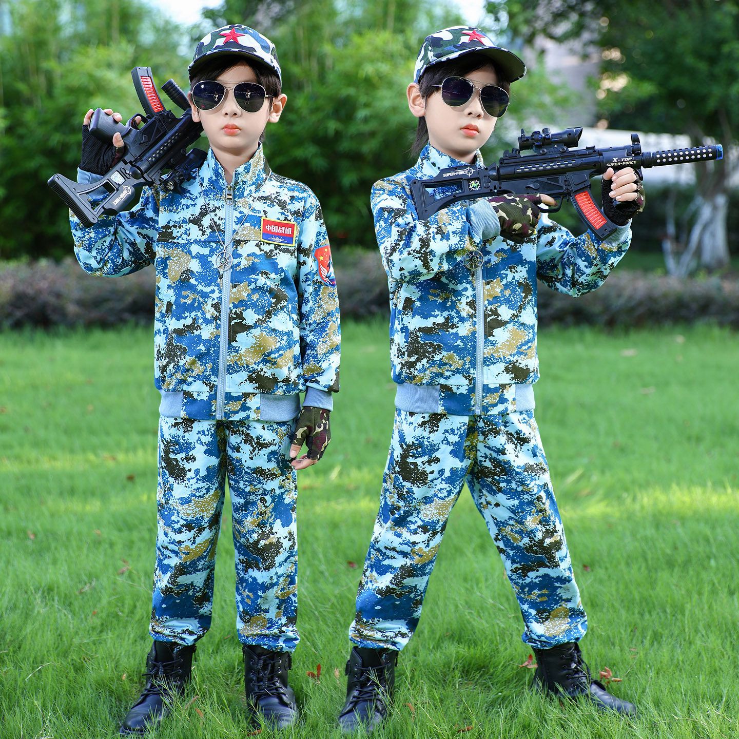 儿童迷彩服套装男童蓝色空军飞行服军训女童纯棉衣服中小学运动会