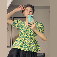 #Real price ᦇ French design sense small square collar bubble sleeve floral top women's summer