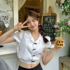 #High waist short open navel bubble sleeve shirt