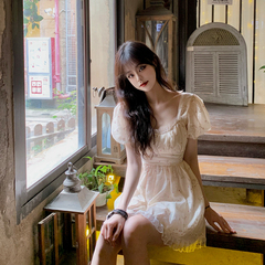 #French first love little fresh and sweet bubble sleeve Floral Dress