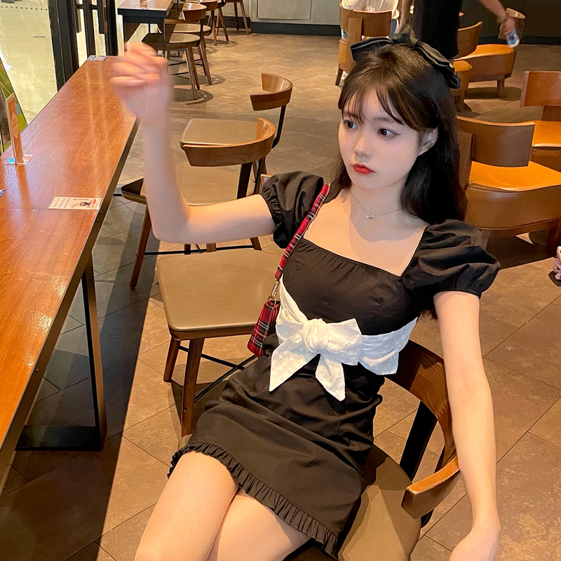 Real price French design small slim bubble sleeve dress women's summer