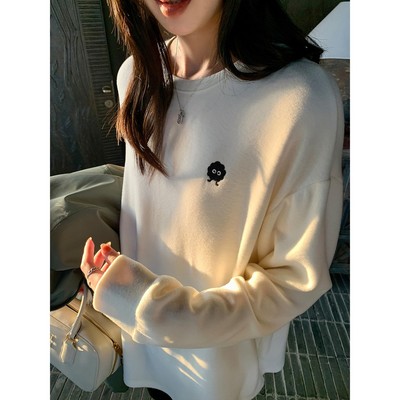阿一 300g双面泡芙绒 煤球精灵刺绣打底衫女冬季磨毛中长白色上衣