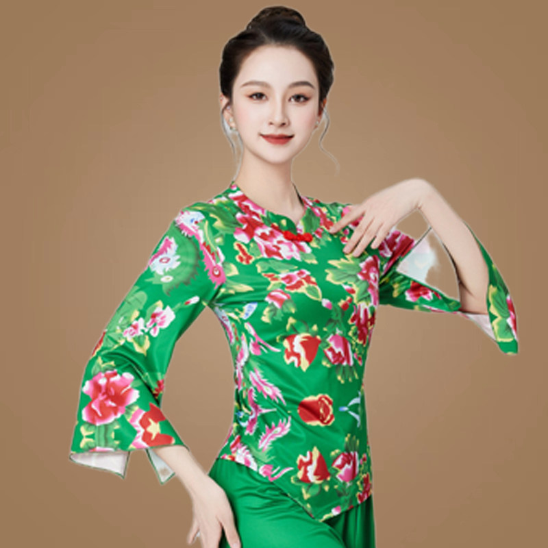 喜庆秧歌服装时尚花色显年轻舞蹈服盘扣复古扇子舞手帕舞台演出服