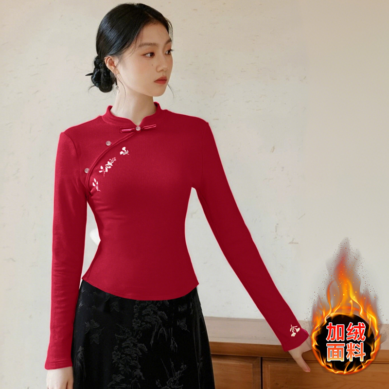 秋冬古典舞蹈服装女旗袍领国风长袖加绒上衣杨丽萍广场舞舞蹈上衣