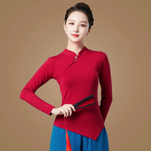 素色舞蹈上衣女春夏古韵盘扣民族风衣服广场舞百搭艺考比赛打底衫