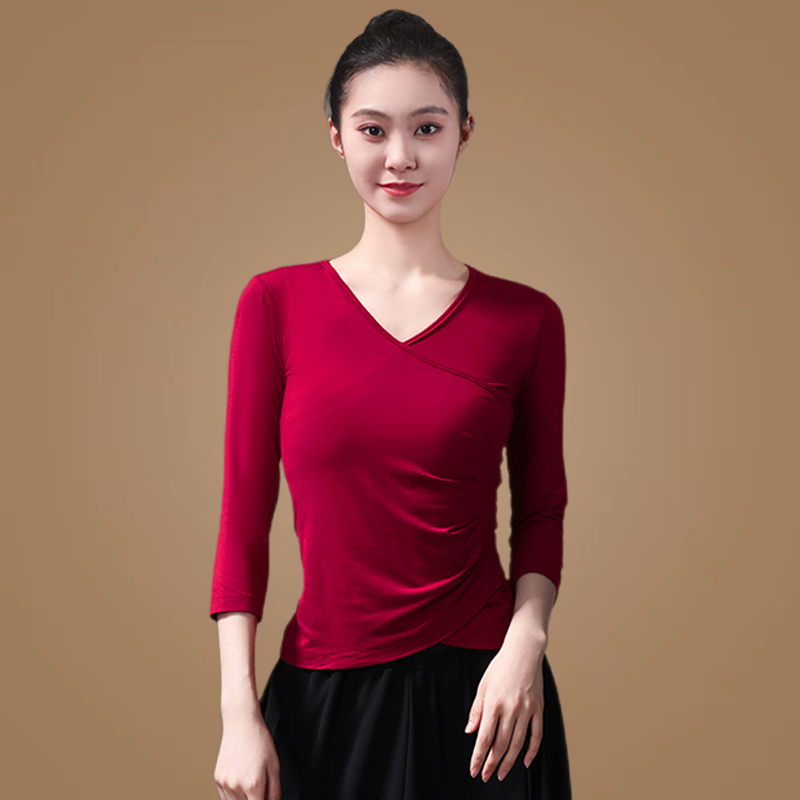 新款广场舞上衣V领跳舞衣服莫代尔舞蹈服女表演出服装长袖练功服