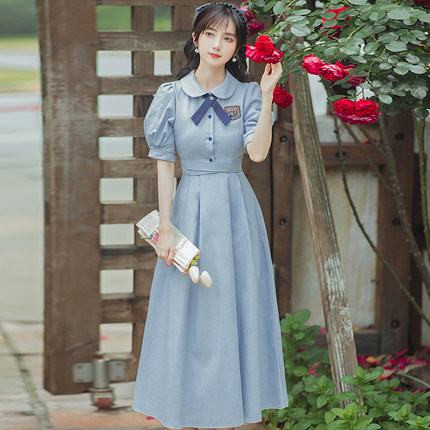 法式新款温柔甜美气质少女学生复古学院风文艺收腰绑带领结连衣裙