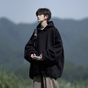 复古少年感廓形上衣 春秋连帽衫 黑色重磅少年感连帽卫衣男款 美式