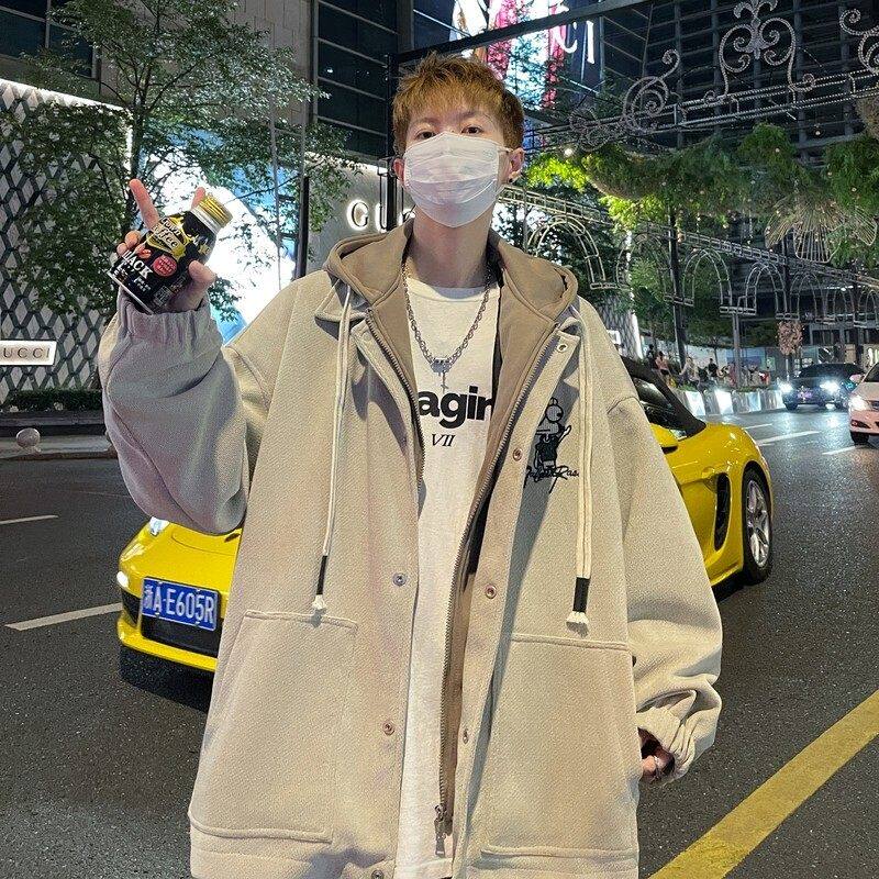 日系假两件外套男春季青少年宽松夹克大码冬季加厚男生棒球服棉服