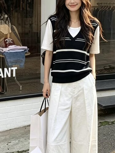 欧货春夏新款亚麻针织条纹假两件polo领短袖女时尚显瘦百搭上衣