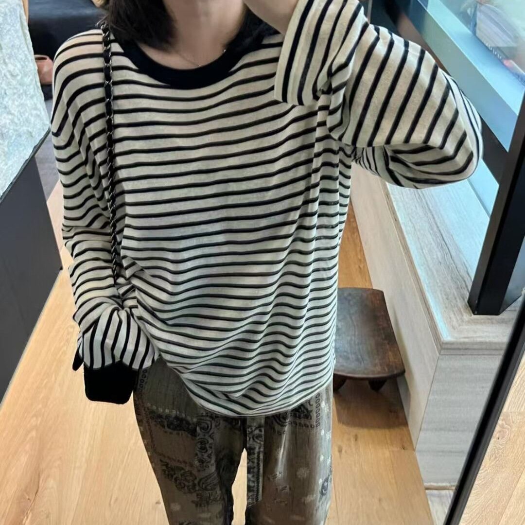 欧货2025新款夏凉爽天丝亚麻防晒罩衫女宽松显瘦百搭条纹长袖T恤