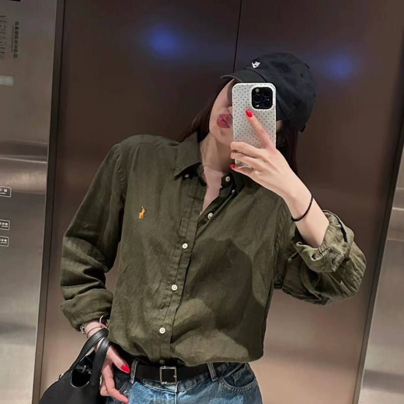 多色可选！欧货2025新款小马刺绣军绿长袖衬衫女宽松休闲亚麻衬衣