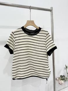 显瘦百搭短袖 女时尚 上衣T恤 圆领黑白条纹镂空针织衫 欧货2026新款