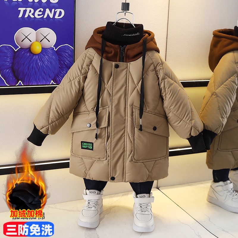 男童棉服2025新款三防中长加绒加厚儿童棉衣男孩棉袄宝宝冬装外套