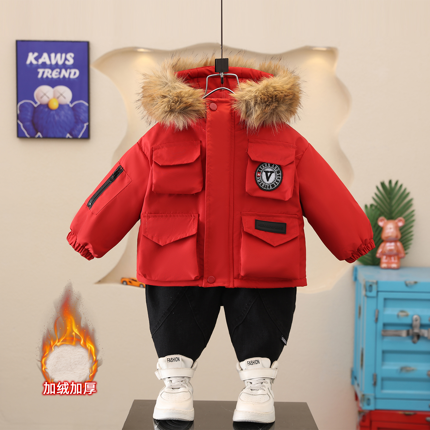 男童冬装加绒加厚派克服外套棉服