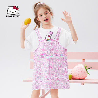正品HelloKitty童装女童短袖连衣裙儿童夏装新款假两件T恤裙纯棉