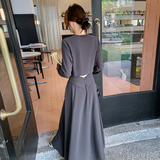 韩系通勤风简约灰色T恤连衣裙女夏2025新款休闲修身显瘦气质长裙，女装套装/套裙，浙宝176（原073）