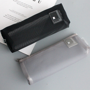 韩国简约考试笔袋女透明网纱网格铅笔袋男大容量黑色文具袋文具盒