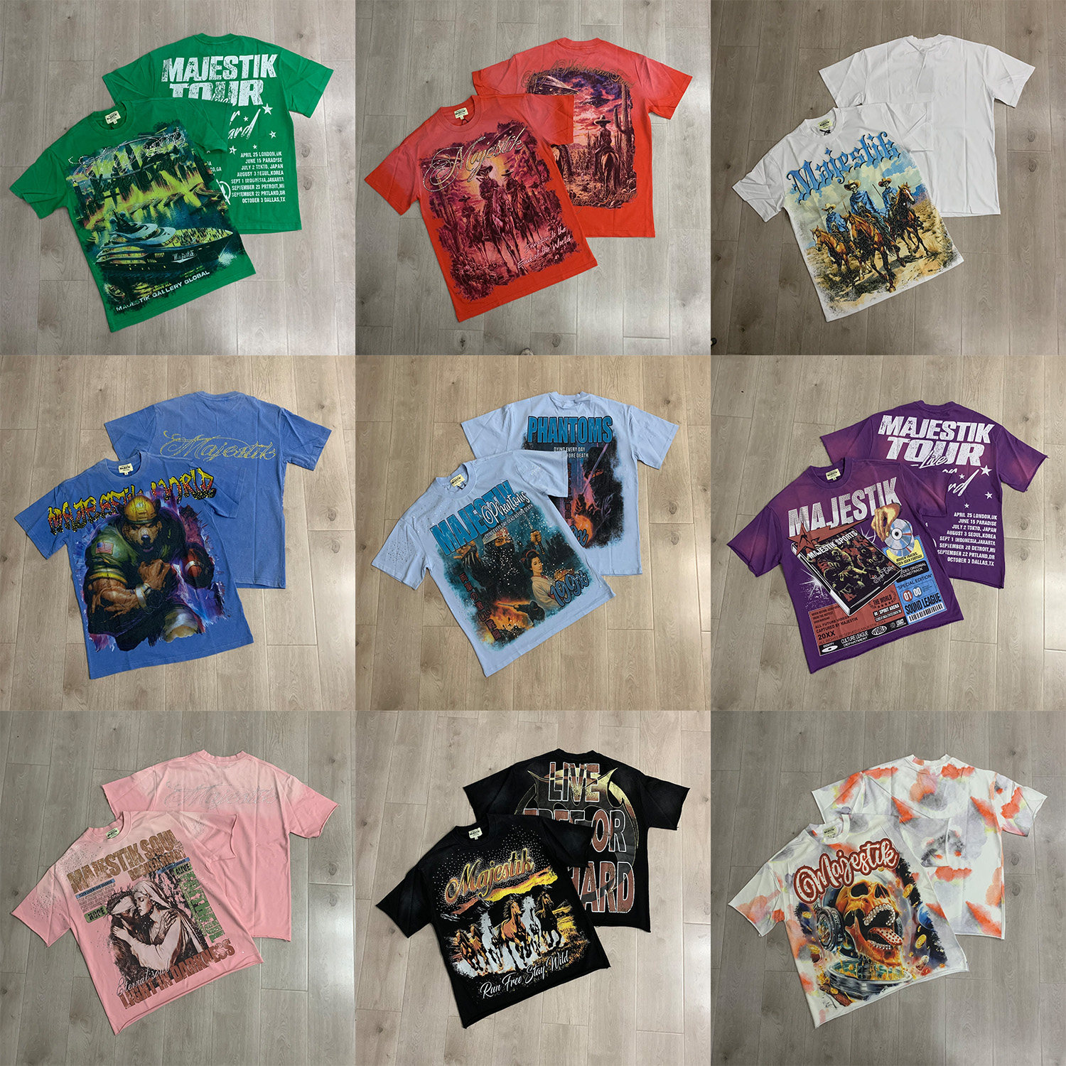 เสื้อยืด Majestik Tee ของแท้ จาก French Terry AI ลายเพชร烫 แขนสั้น สีขาวโลโก้หมึก แนวไฮสตรีท