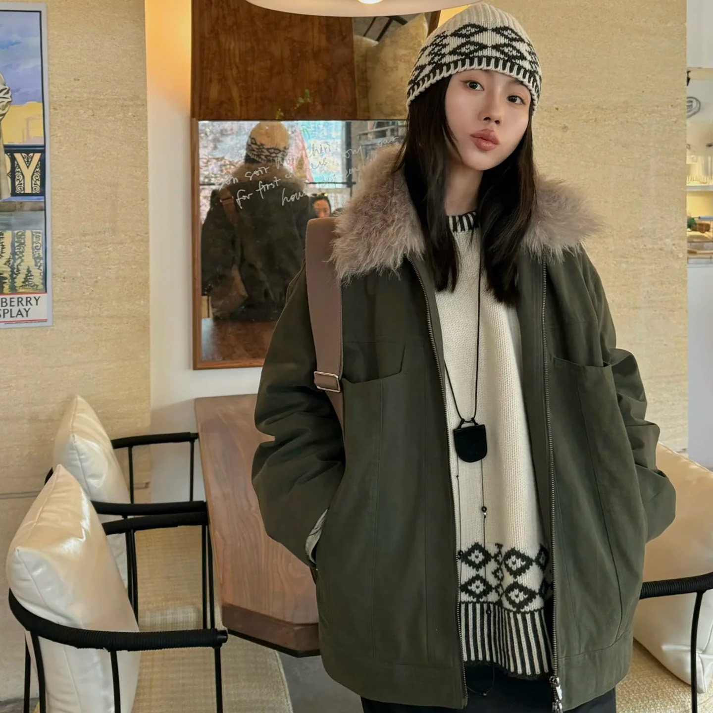 美式复古军绿色大毛领工装派克棉服男女外套2025冬季新款保暖棉服