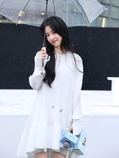 周雨彤同款百褶雪纺拼接白月光仙气连衣裙宽松系带荷叶边裙子女