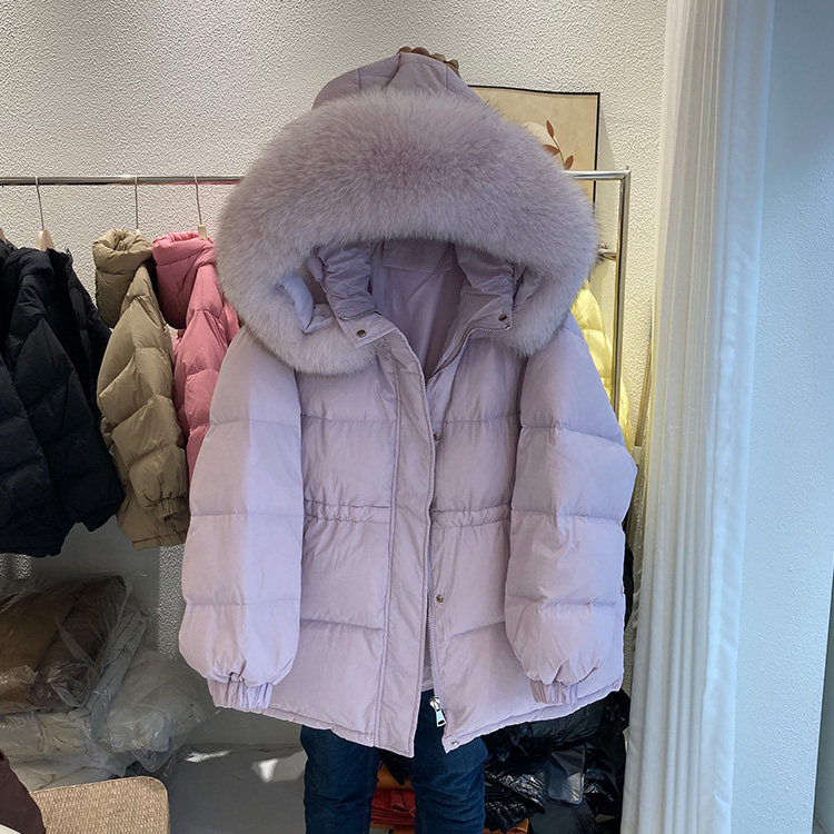 真狐狸毛领羽绒服女中长款2024秋冬流行新款多巴胺糖果色收腰外套