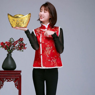 唐装马甲女秋冬加棉加厚保暖背心中国风盘扣坎肩新年女装中式马夹