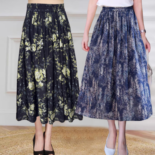 真丝双绉半身裙女2025新款夏季女士松紧腰花色显瘦桑蚕丝a字半裙