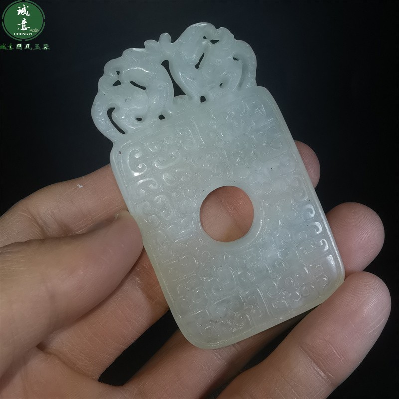 仿古风岫玉石镂空双龙护主方形平安扣牌子汉服腰牌古装玉佩车挂件