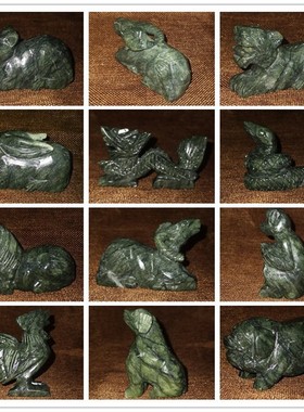 天然墨绿色南玉碧玉石12十二生肖蛇属相小动物汽车摆件全套手把件