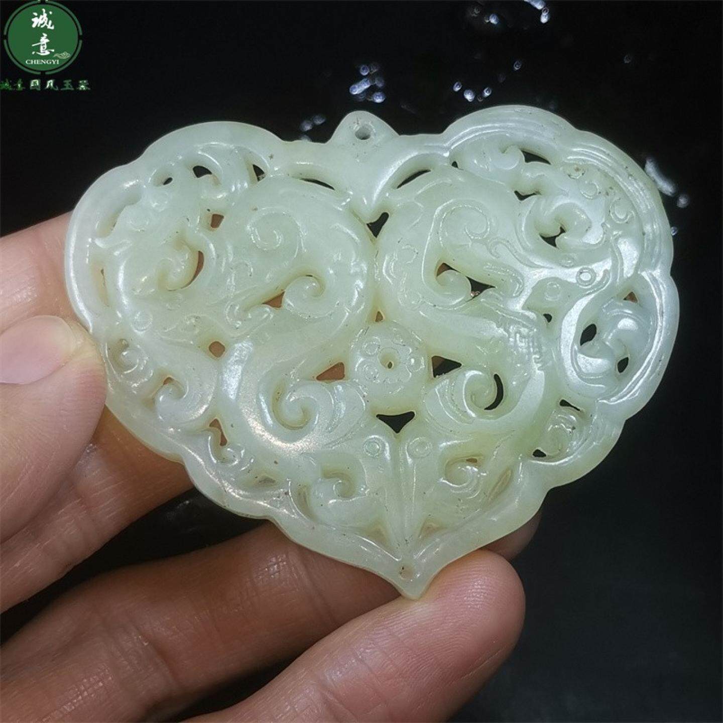 仿古风天然岫玉石龙凤呈祥桃心形双面镂空龙凤纹玉佩吊坠腰佩牌子