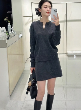 商场同款2025秋冬新款半拉链圆领针织衫时尚半裙套装W483128-1399