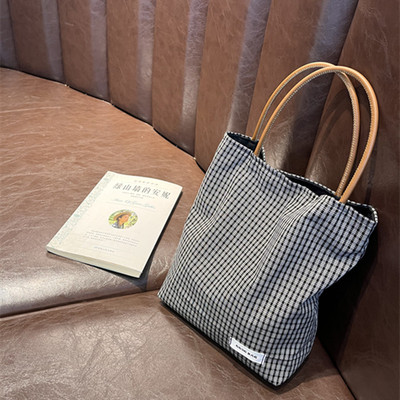 复古黑白格棉麻小号托特包