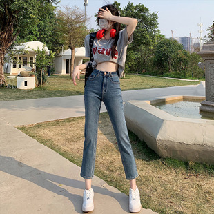 美式宽窄版春夏季新款直筒牛仔裤女高腰显瘦显高小个子九分烟管裤