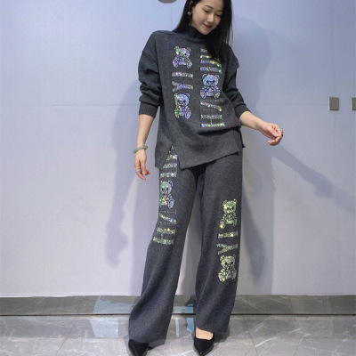 重工烫钻针织套装 欧美秋冬毛衣套装女高领套头衫+阔腿长裤两件套