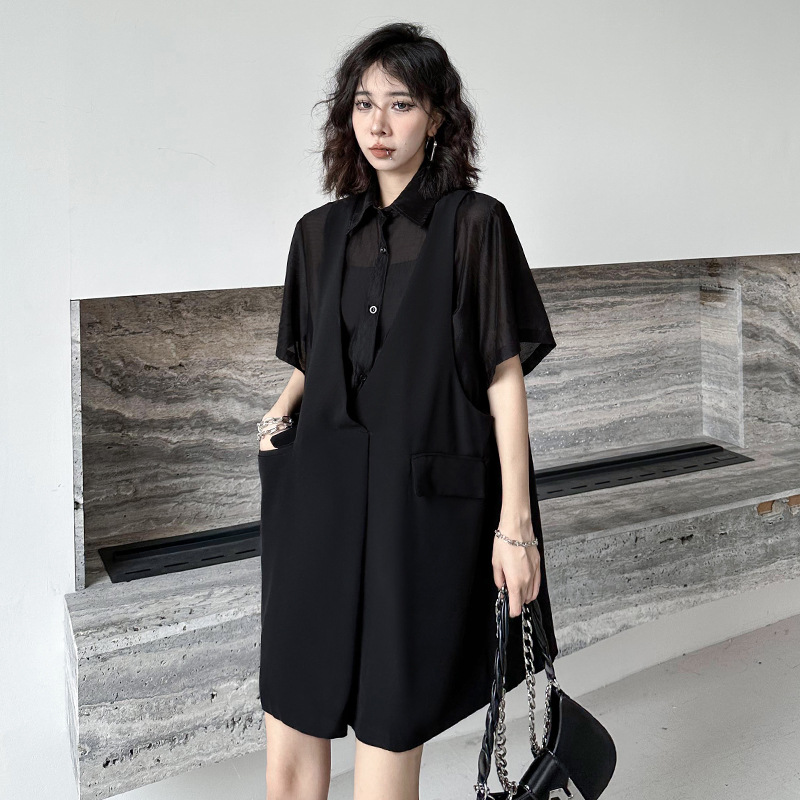山本暗黑风假两件微透连衣裙女夏季薄款宽松小个子时尚休闲直筒裙