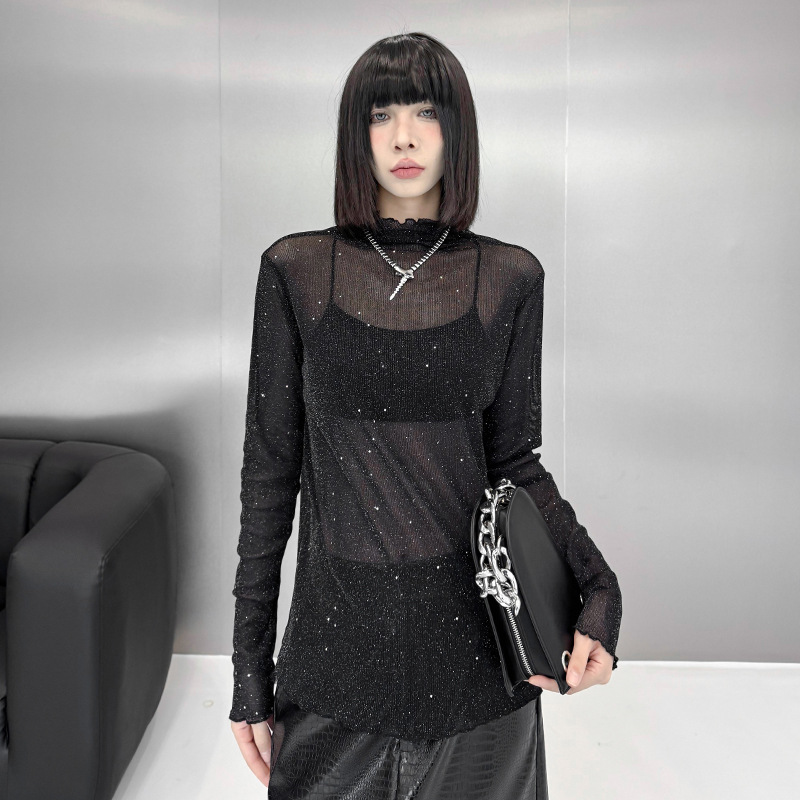 辣妹甜酷风小众设计感半高领打底衫女秋新款百搭时尚闪闪网纱T恤