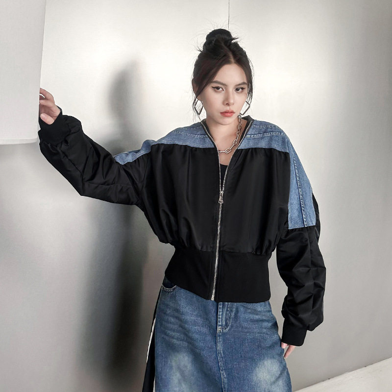 复古港风撞色拼接牛仔短外套女春秋新款宽松显瘦休闲拉链开衫夹克