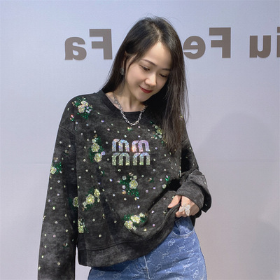 欧货女装水钻小碎花短款圆领卫衣女秋新时尚百搭宽松休闲长袖上衣