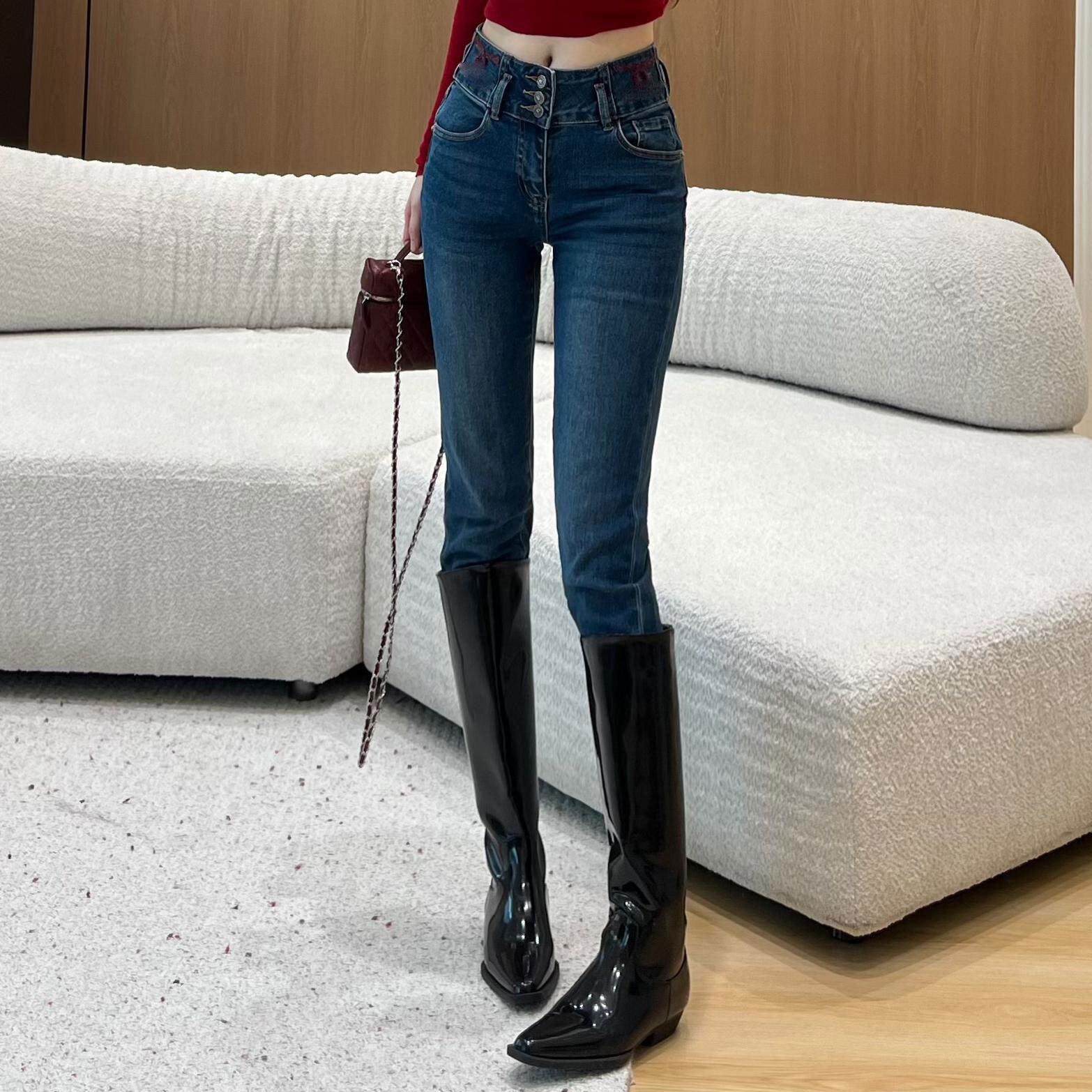 Anne Rose复古深蓝牛仔裤女三扣收腰毛边裤脚修身九分直筒烟管裤