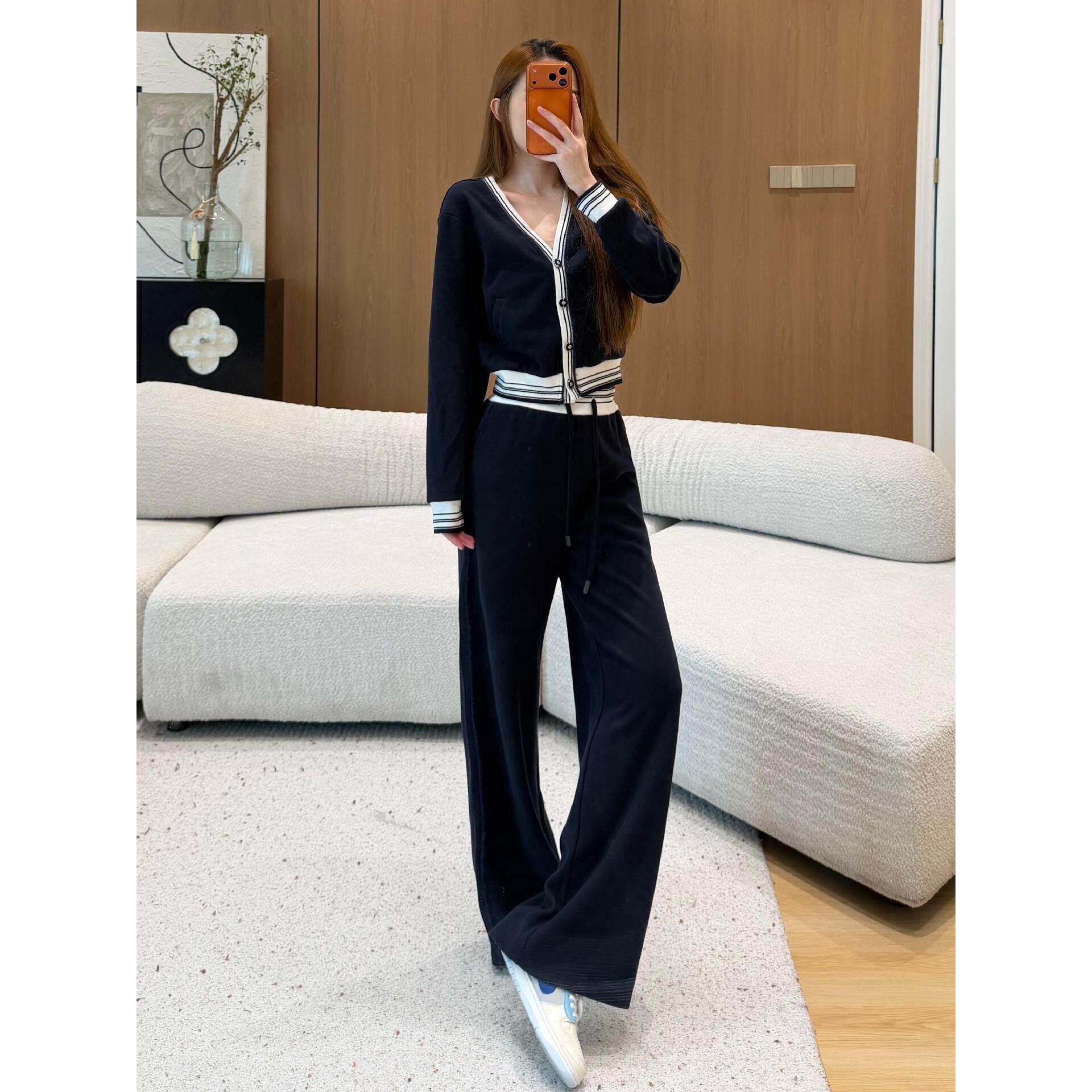 Anne Rose韩版套装女秋v领短款撞色开衫垂感阔腿裤早秋休闲两件套