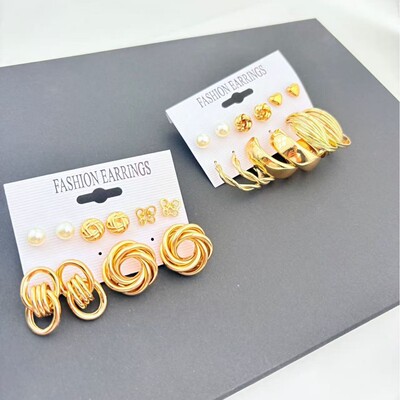 6-piece set of pearl earrings镶嵌珍珠女耳环金色银色耳圈6件套