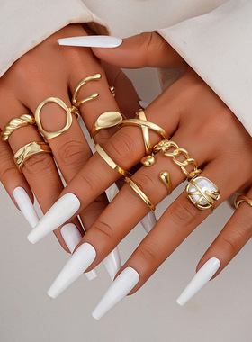 Pearl Geometry Ring Set跨境欧美女开口可调节指环个性几何戒指