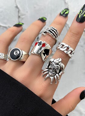 Poker Joker Digital Ring Set朋克骷髅头鬼爪扑克小丑6件套戒指