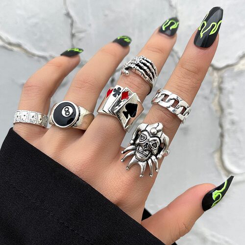 Poker Joker Digital Ring Set朋克骷髅头鬼爪扑克小丑6件套戒指