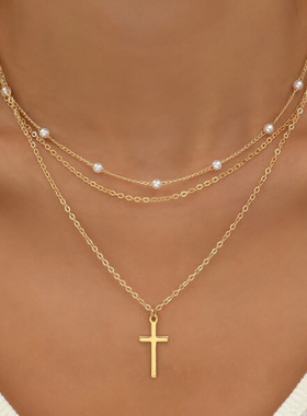 Pearl collarbone chain人造珍珠锁骨链十字架复古多层叠戴项链女