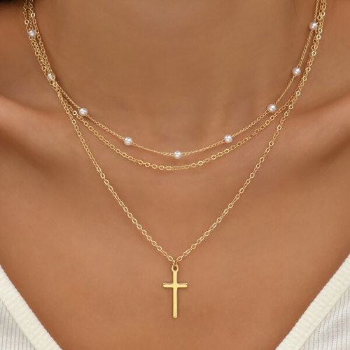 Pearl collarbone chain人造珍珠锁骨链十字架复古多层叠戴项链女