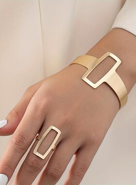 Bracelet and Ring Set金属设计几何女开口手镯戒指套装夸张朋克