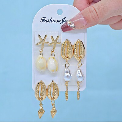Shell starfish earrings贝壳耳钉女ins个性旅游度假海星珍珠耳坠